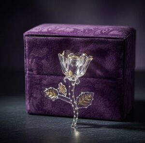 Elegant Clear Glass Rose Figurine Gold Leaf Accents Purple Velvet Gift Box VG